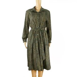 Vintage Liberty of London Fabrics Wool Green Paisley Long Sleeve Belted Dress